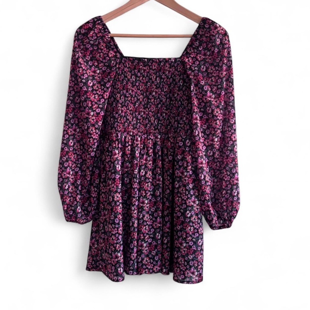 Francesca's Collections Pink and Red Floral Smocked Mini Dress XS